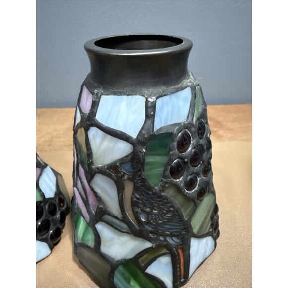 Set Of 3 Vintage Stained Glass Lamp Pendant Light Shade Blue Jay & Berries - Picture 7 of 16